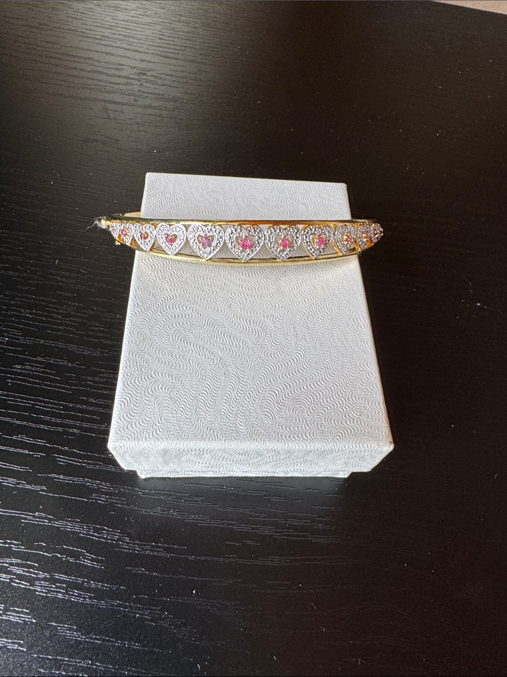Gold Heart Bar Bracelet with Pink Stones